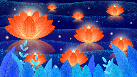 秋天深邃夜晚放河灯插画