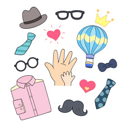 父亲节的各种插图，包括帽子和胡须，男衬衫