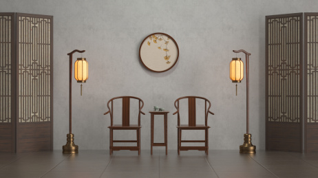 新中式家居题材的室内装修，3D渲染