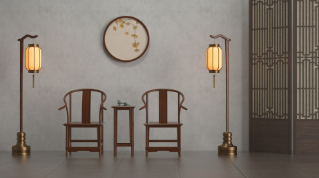 新中式家居题材的室内装修，3D渲染