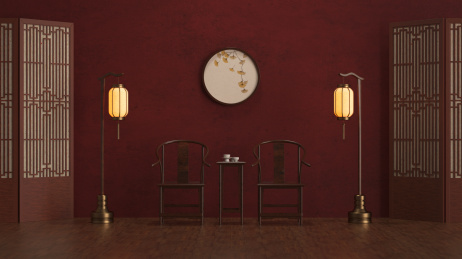 新中式家居题材的室内装修，3D渲染