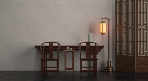 新中式家居题材的室内装修，3D渲染