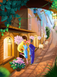 恋人在老巷子里温暖的灯下接吻