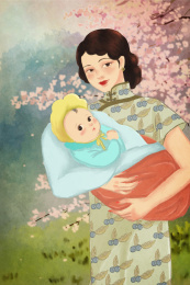 水彩风手绘风民国风母亲抱婴儿插画
