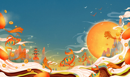 锦鲤和钱币金融中国风国潮插画