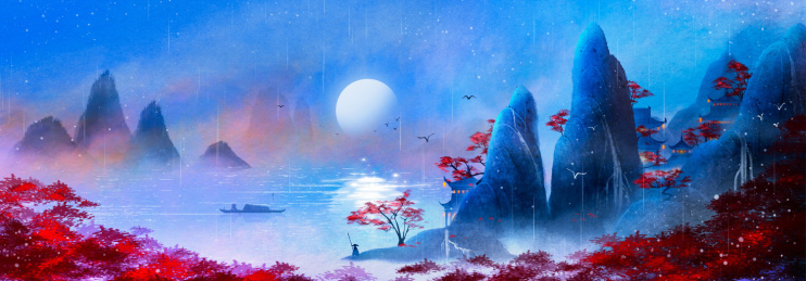 意境水墨山水画秋季叶子红了