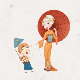 小道士给美丽歌妓送花求爱的插画作品