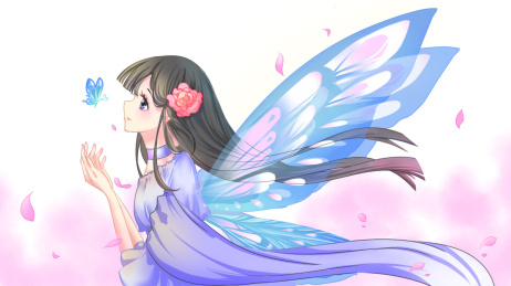 蝴蝶少女伸手想碰触面前的蝴蝶,日系插画