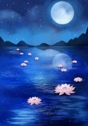 月下湖上莲花灯