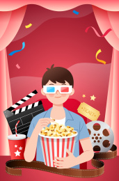一个吃爆米花看电影的人和红色幕布背景