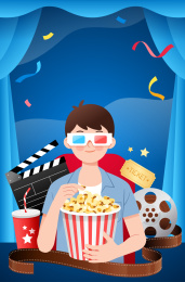 一个吃爆米花看电影的人和蓝色幕布背景