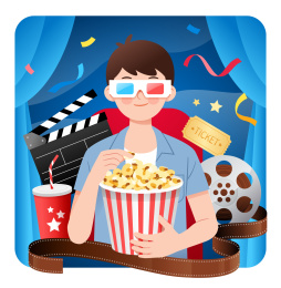 蓝色幕布前一个人吃爆米花看电影