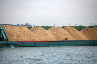 在江上作业的大型采砂运砂船只