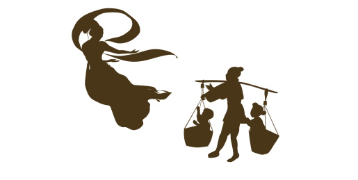 七夕牛郎织女儿女鹊桥相会剪影古装人物元素