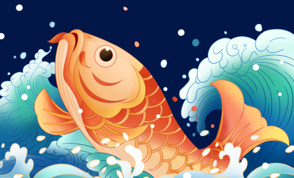 传统中国风锦鲤浪花手绘插画