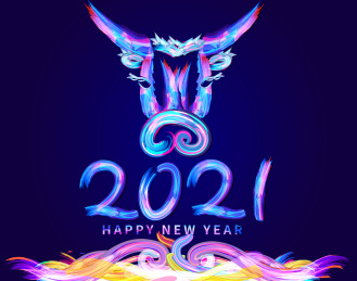 2021新年炫彩荧光色艺术字的牛头插画