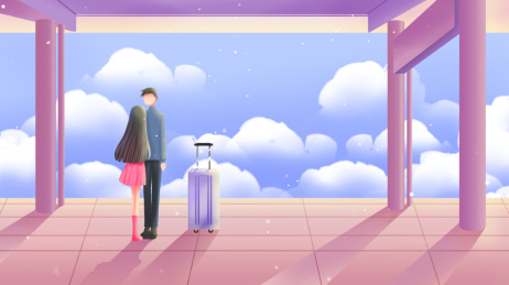 站台里依依不舍的情侣，唯美卡通通用插画