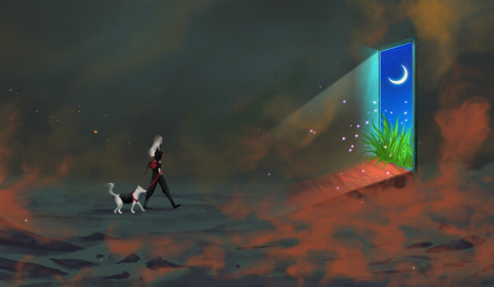 少女站在通往另一个世界的门前