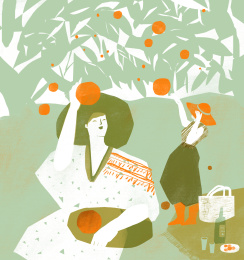 在果树下欢乐采摘的两位女性插画