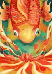 传统中国风荷花锦鲤手绘插画