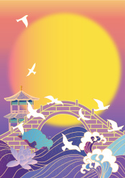 中秋七海上明月背景噪点新中式纹理矢量插画