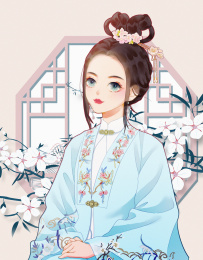 倚窗赏花的温婉古代女子