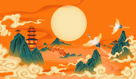 橙色古建筑和仙鹤国潮山水插画