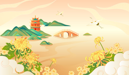 秋季中国风江南风景与仙鹤插画