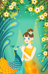 花丛中与孔雀互动的少女