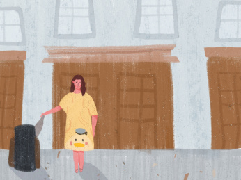 穿着睡衣的女孩到楼下去扔垃圾 粉笔画