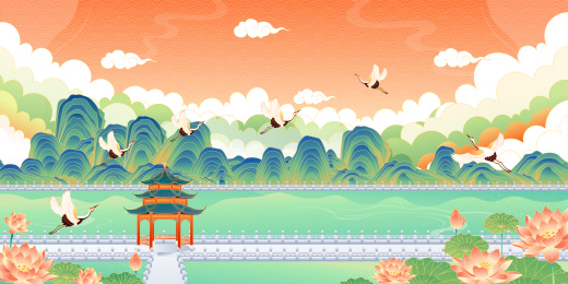 江南园林矢量风景插画