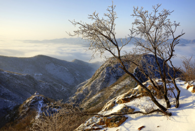 中国河南省禹州市大鸿寨初冬日出云海冰雪