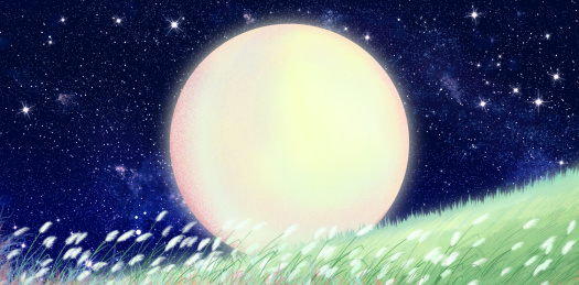 星空下有一轮圆月躺在草坪上插画背景