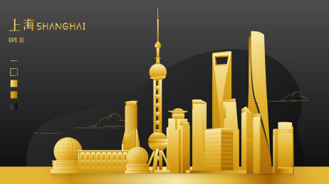 上海陆家嘴城市天际线烫金黑底矢量插画