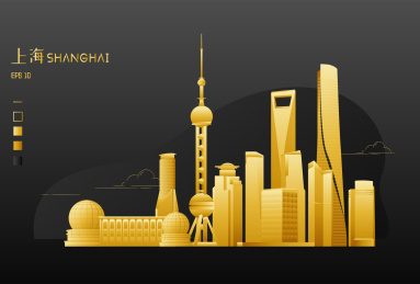 上海陆家嘴城市天际线烫金黑底矢量插画