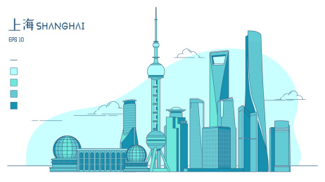 上海陆家嘴城市天际线统一配色矢量线性插画