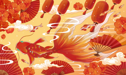 喜庆锦鲤灯笼节日中国风插画