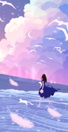 海边看风景的女孩和猫 唯美