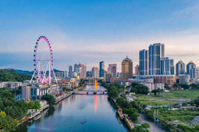 傍晚时分的中山市石岐区城市风光
