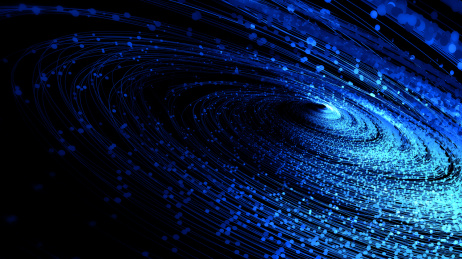 蓝色发光粒子螺旋线，互联网通信技术大数据