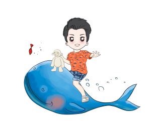 手拿娃娃骑着海豚的卡通小男孩