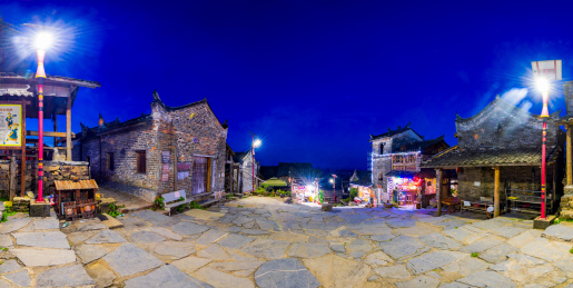 广东清远连南县南岗村千年瑶寨蓝调夜景