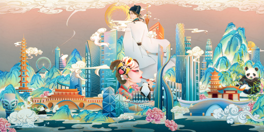 山水建筑包围中的人物