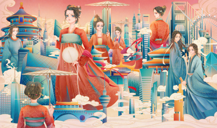 建筑群里穿汉服的人