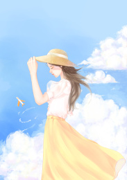 蓝天白云小飞机女孩潇洒随风走
