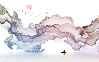 抽象的彩色线条，水墨山水装饰画