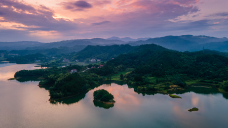 航拍湖南岳阳饮用水源地，铁山水库