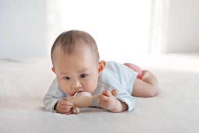 正在啃咬拨浪鼓的九个月婴儿