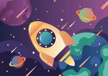 地球火箭星球手绘矢量插画