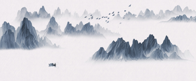 中国风蓝色水墨山水画